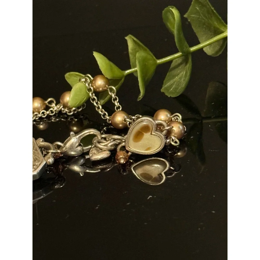 Brighton Fleur-de-Lis Mother of Pearl Heart Charm Pearl Double Strand Bracelet